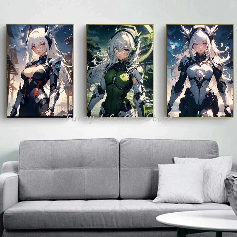 Modern Anime Silver Hair Girl in Cubernetic Armor Sexy Posters Prints Canvas Printing Wall Art Picture  Living Room Home Decor