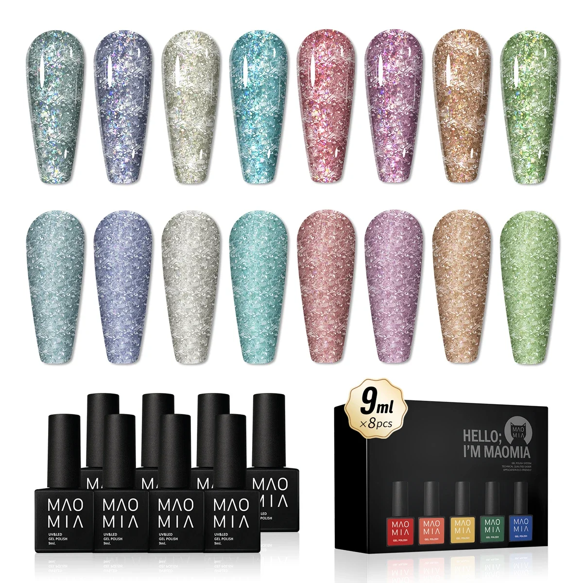 

MAOMIA 8 Colors High Density Glitter Set Nail Gel Polish Explosive Flash Nail Art Gel Varnish Sparkling UV Soak Off Gel Lacquer