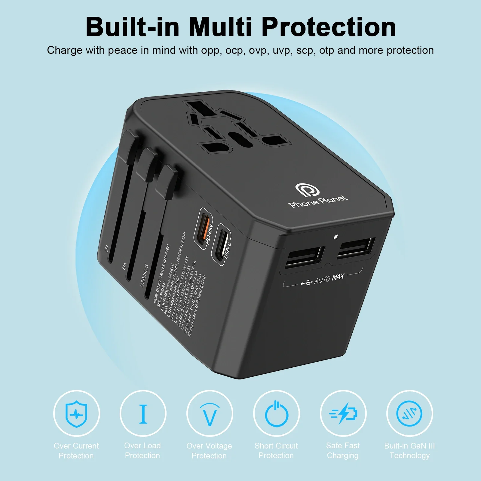 45W Smart GaN Travel Charger Simultaneous 7 Devices Fast Charging Adapter For IPhone Ipad Samsung Tablet Camping Charging Socket