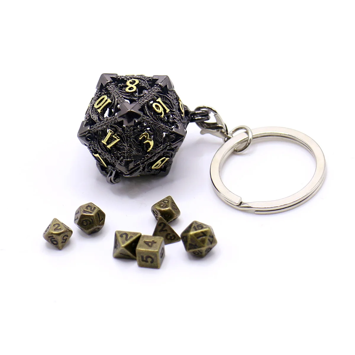 D20 Metal Hollow Box+7pcs Metal Dice Set, Portable Board Game Dice Mini Kit, Darkness Bloodstains Style Dice Pendant