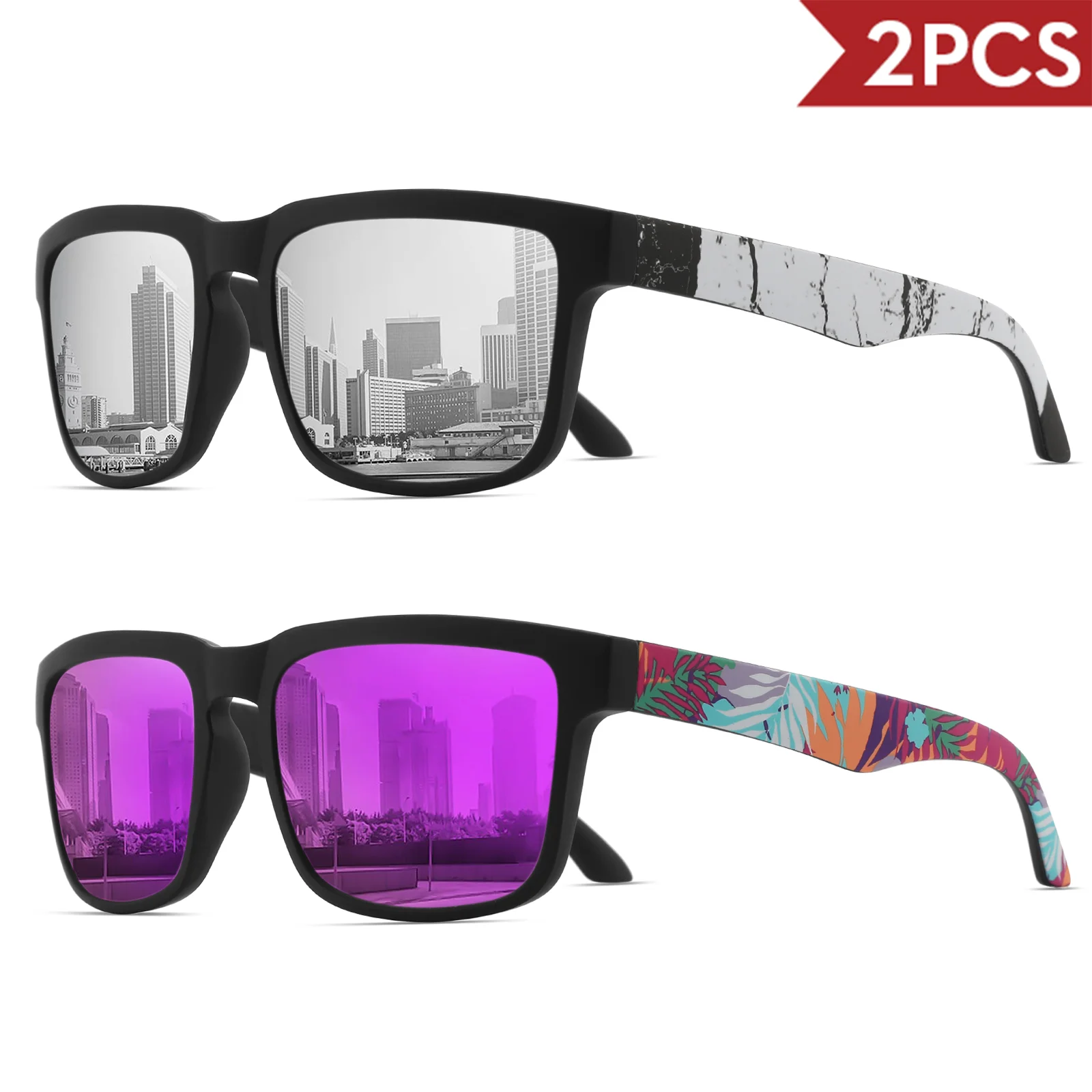 2 quadratische Sport-Sonnenbrille mit Designer-Tempelmuster – UV400 für Männer und Frauen, Strandurlaub