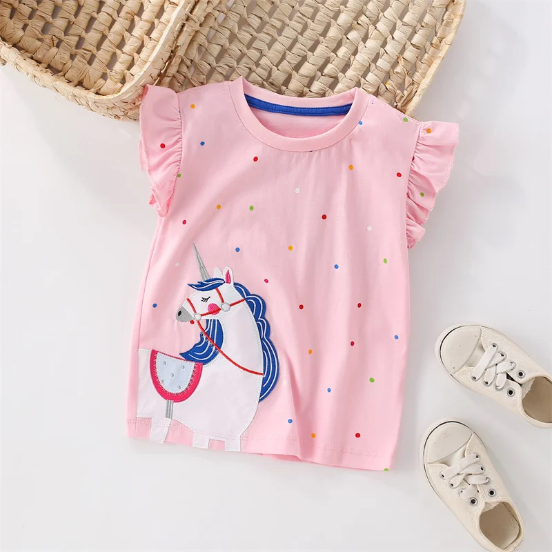 Jumping Meters 2-7T Girls Tops Hot Selling Mouse Embroidery Cotton Summer Girls Tshirts Baby Clothes Children\'s Tees Costume