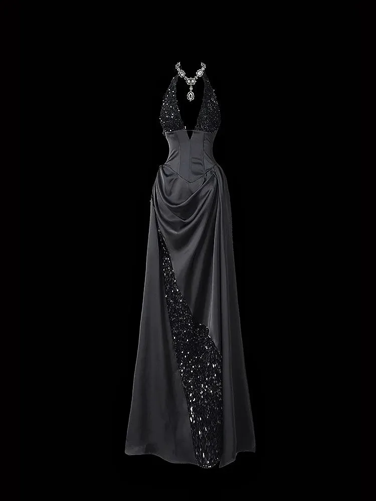 

Black Satin Celebrity Dresses V Neck Beading Sleeveless Shining Sequin Pleated Formal Quinceanera Performance Evening Prom Gown