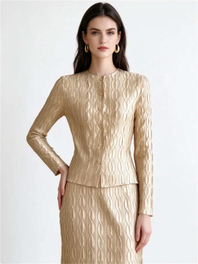 Miyake Pleated Women Gold Textured Two Piece Set, Round Neck Button Jacket, Matching Skirt Set