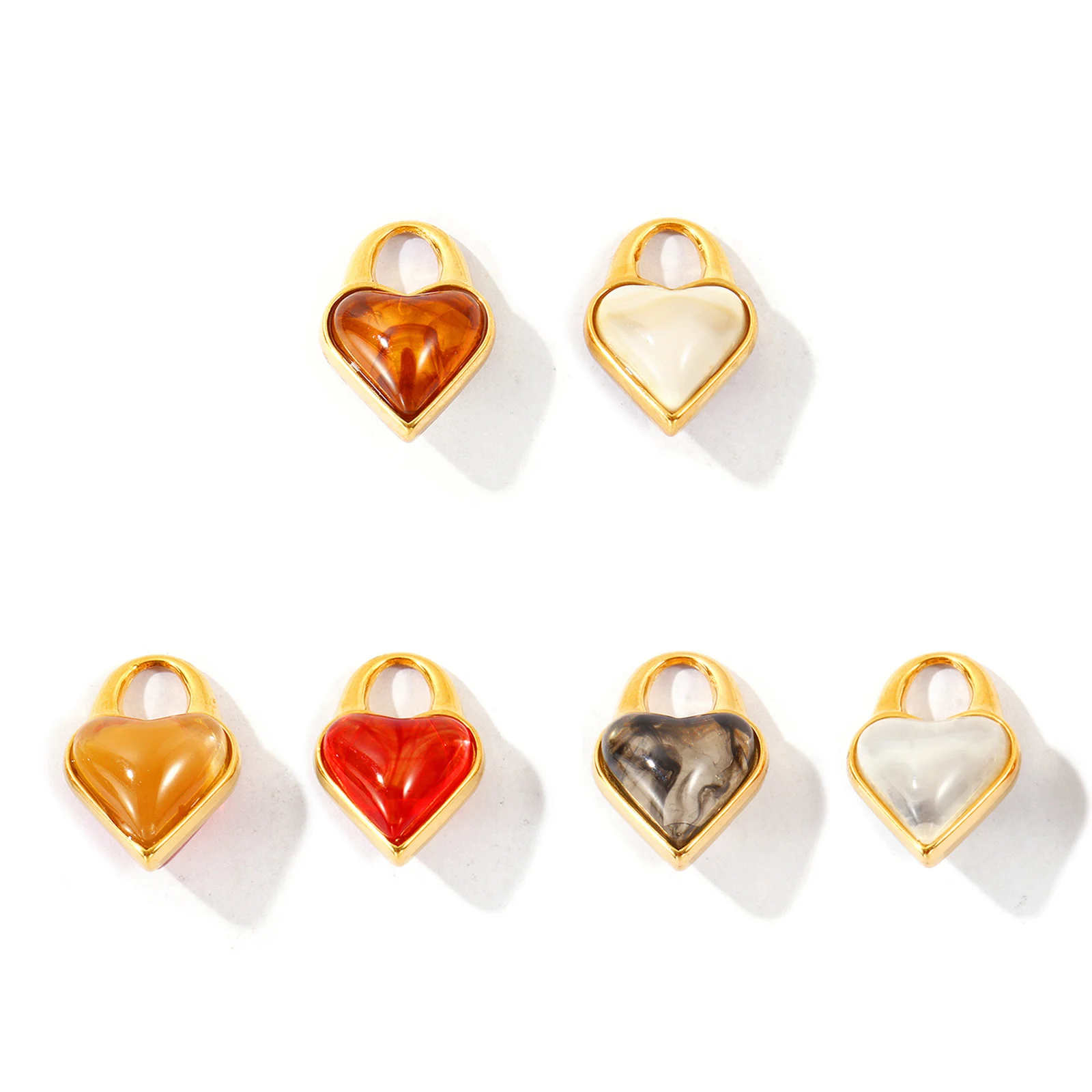 2 PCs 304 Stainless Steel Heart Valentine's Day Charms 18K Gold Plated Heart Resin Patch Pendants DIY Necklace Wholesale 19x14mm