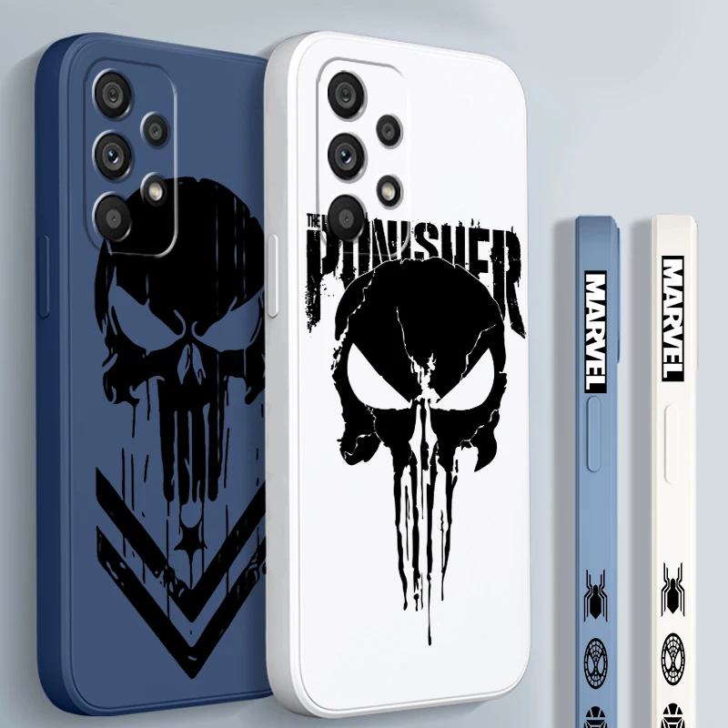 Luxury Marvel Punisher Logo Liquid Left Rope For Samsung A53 A52 A55 A32 A51 A71 A21S A13 A73 A55 A72 A23 A35 A05 5G Back