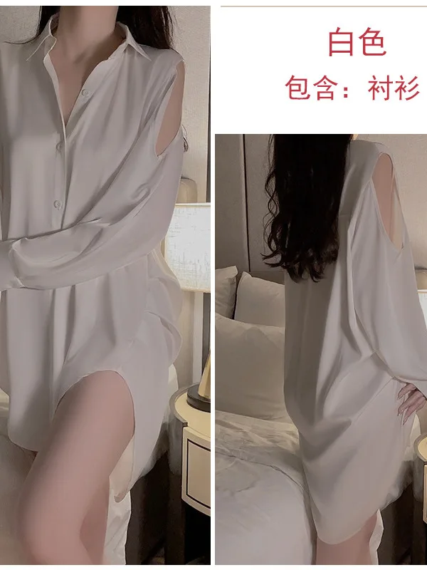 Hollow Summer Sexy Out Ice Silk Mature Charm Gentle Comfortable Boyfriend Style Long Sleeve Shirt Breathable Home Dress XUHT