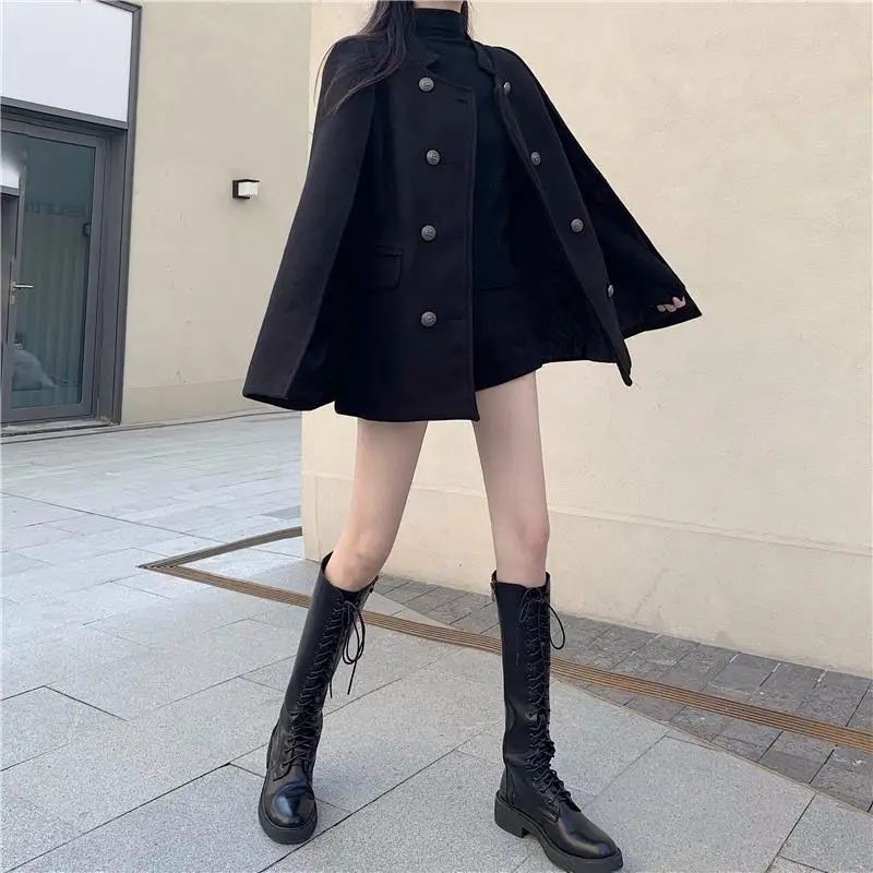 

Korean Black Stand Collar Woolen Coat Women 2025 Autumn Winter New Loose Tops Mujer Y2k Coats & Jackets All-match