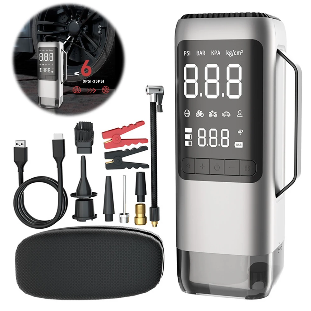Jump Starter Vacuum Cleaner Electric Tire Pump with Light USB Rechargeable 8000mAh Bicycle Air Compressor for Car Tires