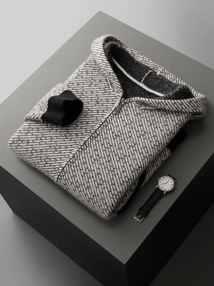 เสื้อสเวตเตอร์ถักไหมพรมขนแกะเมอริโนแท้ 100% คุณภาพสูง สำหรับฤดูใบไม้ร่วงและฤดูหนาว เสื้อคลุมคาร์ดิแกนมีฮู้ดแบบซิปสำหรับผู้ชาย เสื้อโค้ทขนสัตว์หนานุ่ม สไตล์ลำลอง ลายแจ็คการ์ดใหม่