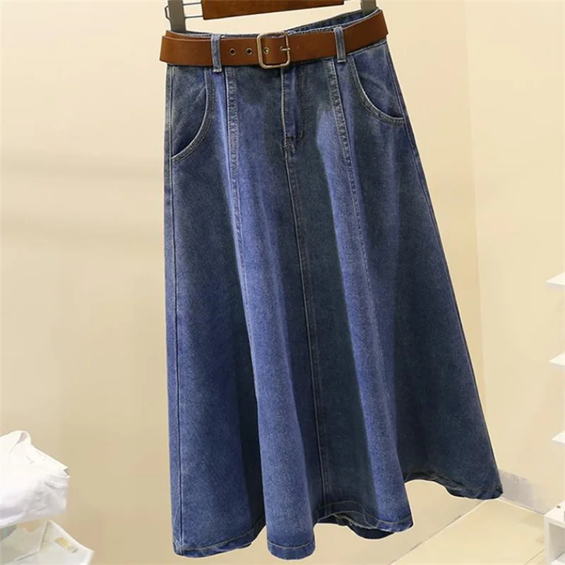 

High waist denim skirt women 4xl new large swing skirt over the knee ins a-line skirt loose umbrella skirt