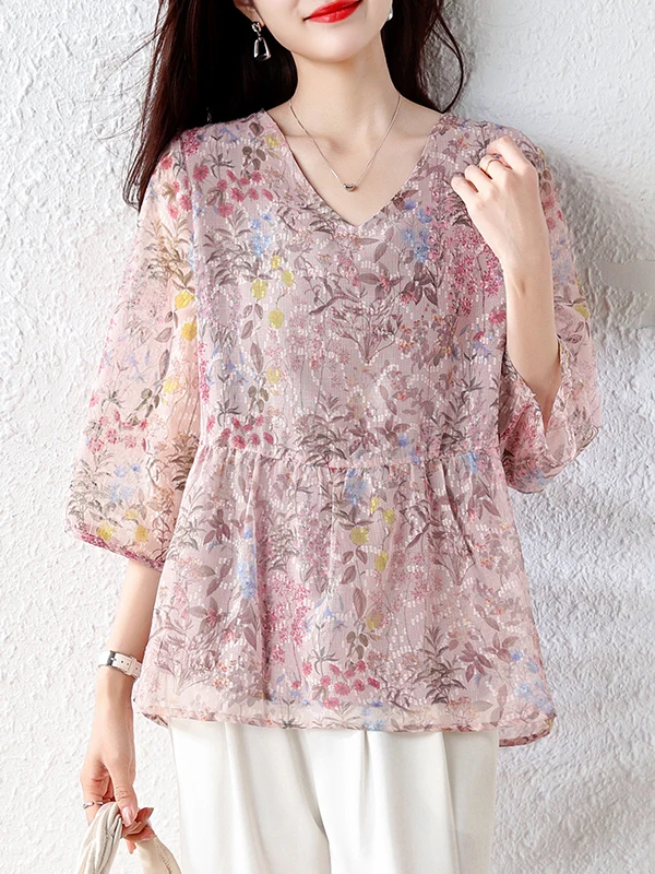 

Authentic Spring Summer Floral Embroidery Shirt Half Sleeve Belly Covering Top Women's Regular Fit Polyester Fiber V-Neck Blouse