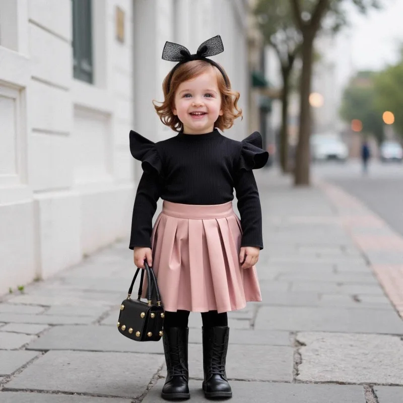 1-12Y Kids Knit Ribbed Long Sleeve Top Pleather Skirt Set Winter Girls High Neck Two Piece Outfit 90-130CM