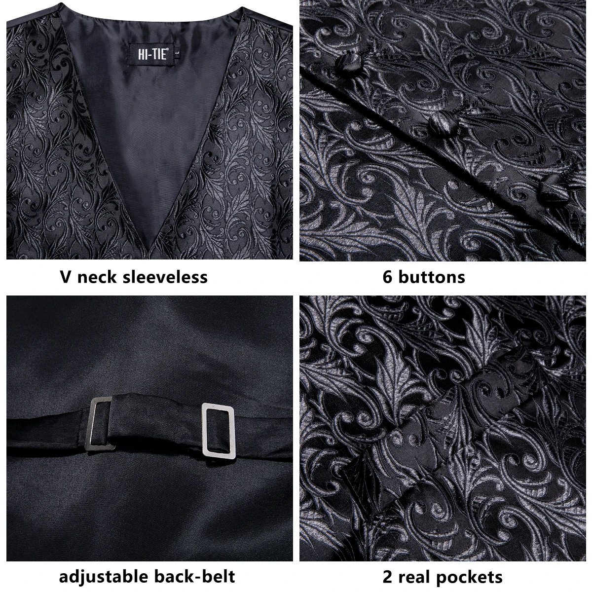 Hi-Tie Black Men Silk Vest Paisley Jacquard Necktie Hankerchief Cufflinks Sets Male Sleeveless V-Neck Waistcoat Business Formal