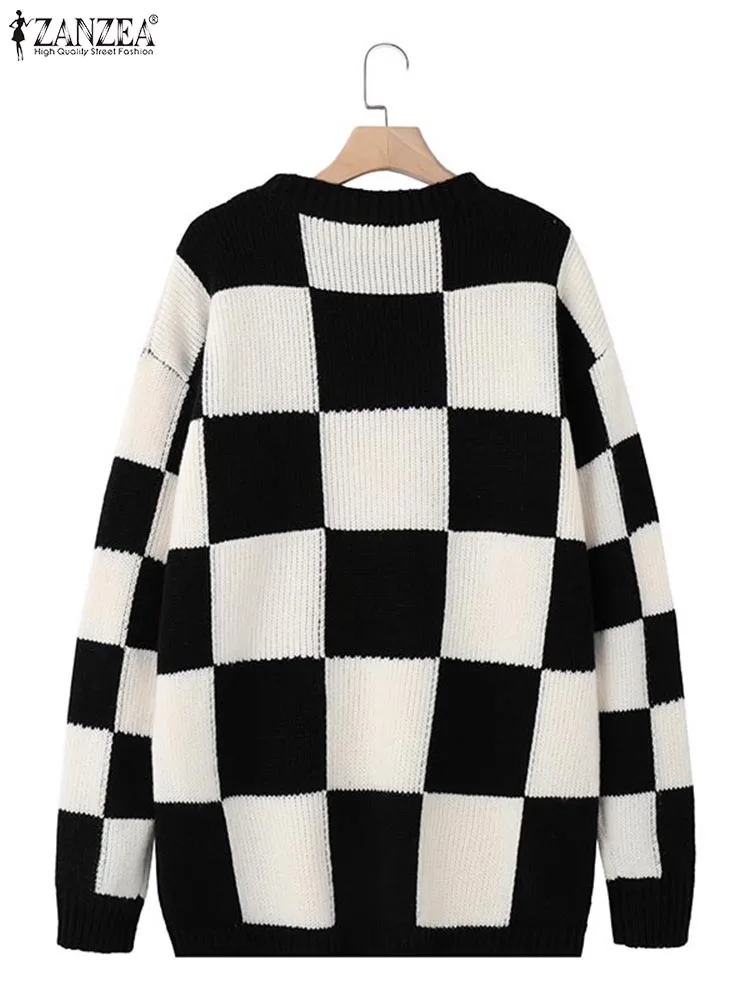 ZANZEA Women Pullovers Sweaters 2025 Autumn Winter Knitted Casual Jumpers Oversized Plaid Loose Long Sleeve Top Fashion Sweater