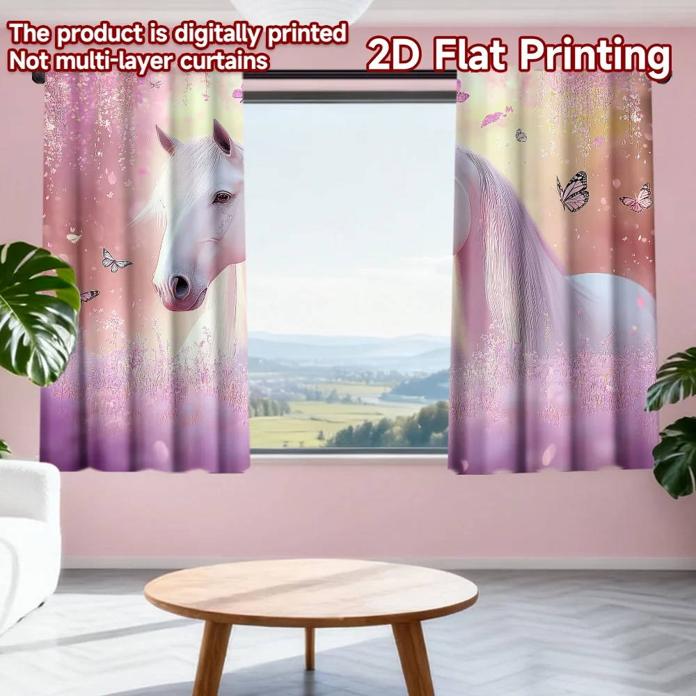 

2D flat printing 2pcs Window Treatment Curtains Spring White Horse Digital Printed Polyester Drapes Birthday Party Use for