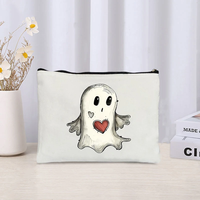 Cartoon Ghost with Red Heart Floating Printed Canvas Bag Organizer Zipper Storage Pouch Cosmetic Bag Pencil Case Halloween Gift