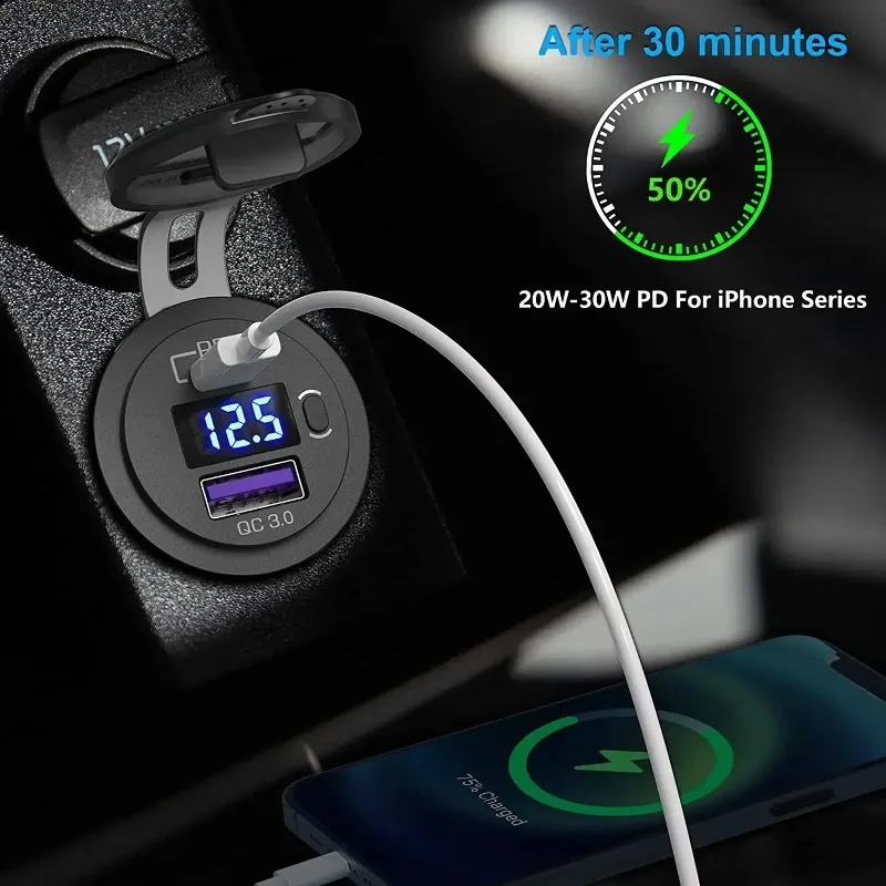 USB C Car Charger Socket 12V/24V Dual USB Socket PD3.0 and QC3.0 Car USB Port with LED Voltmeter and On/Off Switch