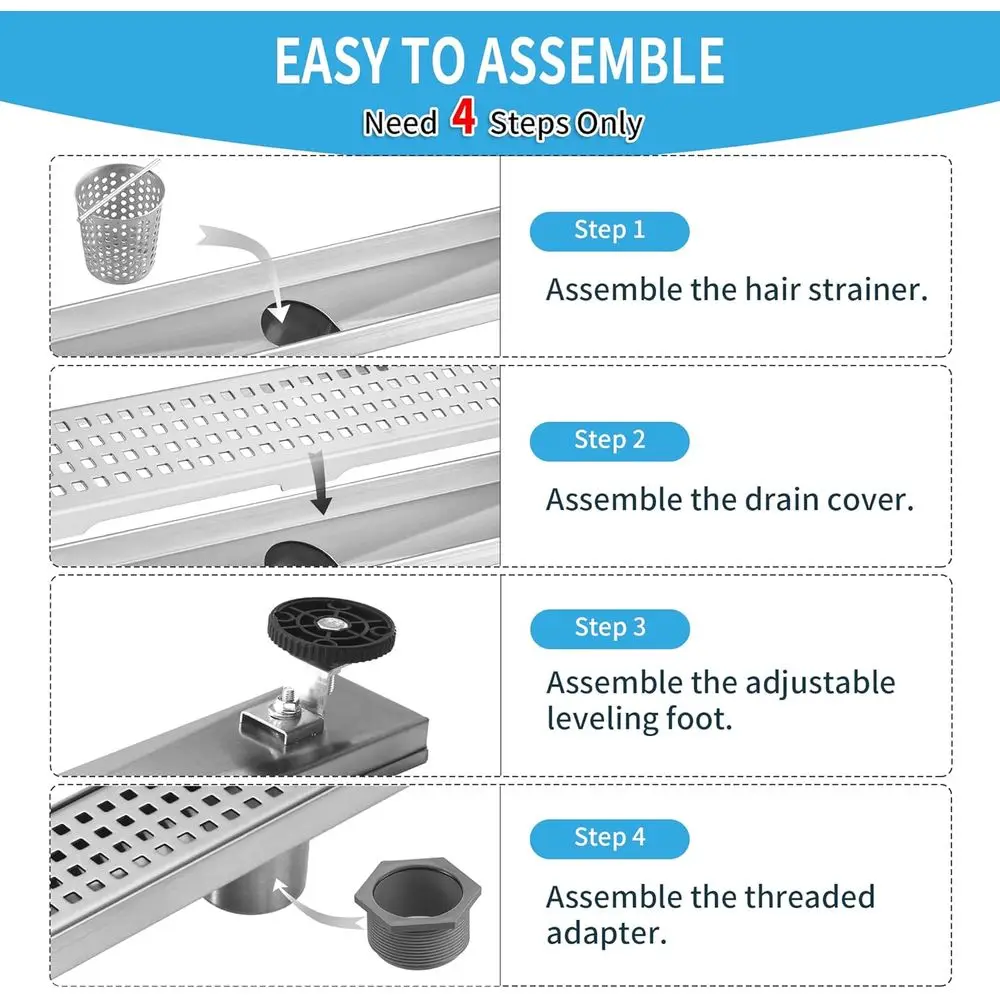 28 Rectangular Brushed Nickel Linear Shower Drain, 51L/min Drainage, CUPC Certified, SUS-304 Stainless Steel