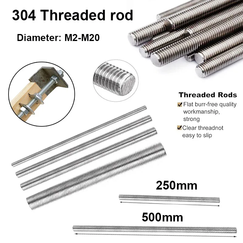 

M2 M2.5 M3 M4 M5 M6 M8 M10 M12M14M16M18 M20 304 Stainles Steel Full Thread Rod Screw Rod Headless Bolt Thread Full Threaded Stud