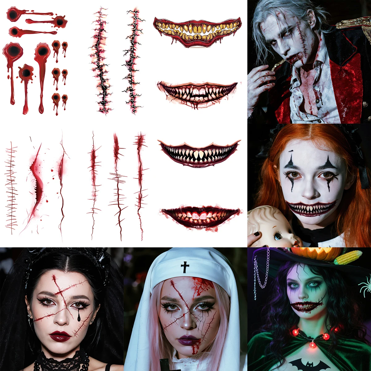

8Pcs Halloween Horror Temporary Tattoo Stickers, Scar Fang, Long-lasting and Waterproof, Halloween Role-playing, For Mouth Arm.