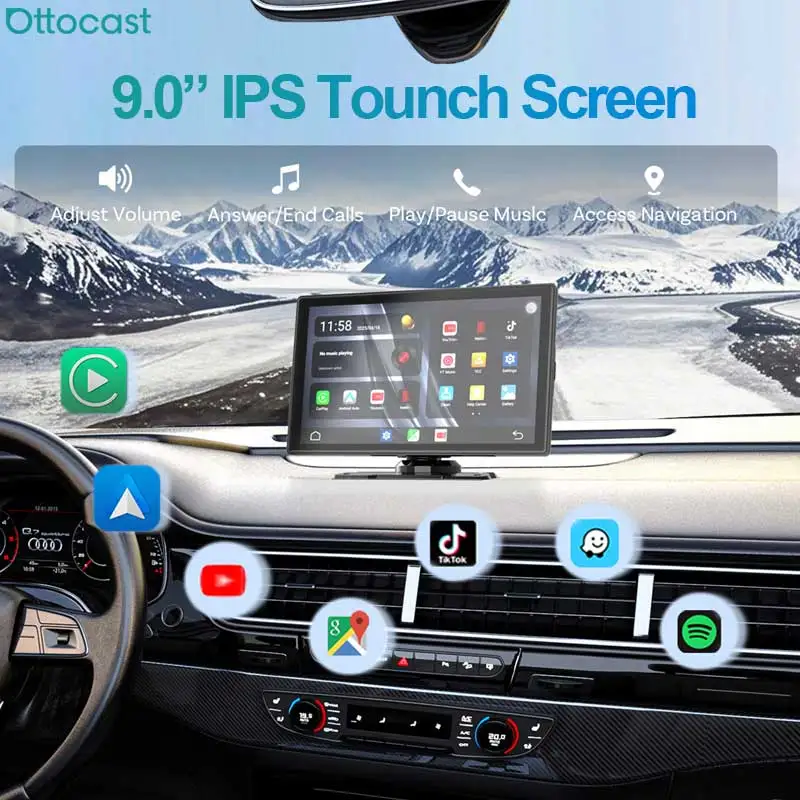 Ottocast 9'' Car Touch Screen Wireless Carplay Android Auto Portable Dash GPS Multimedia Built In Video for Youtube TikTok 2025