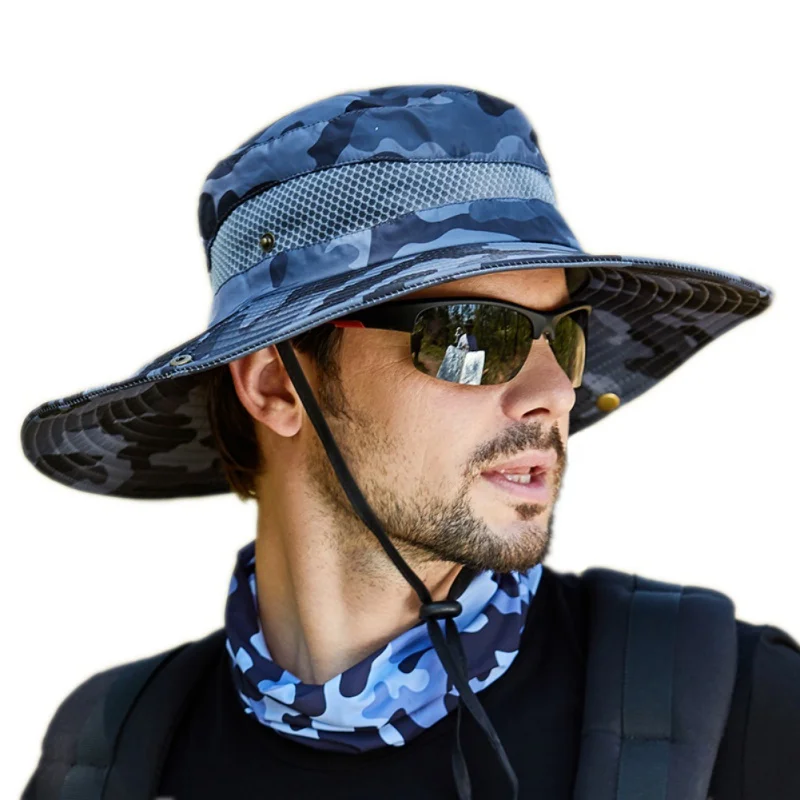 Summer Men Hat  Breathable Sunshade Outdoor Travel Fishing Hunting Sunscreen Solid Color Fisherman Bucket Wide Brim Cap