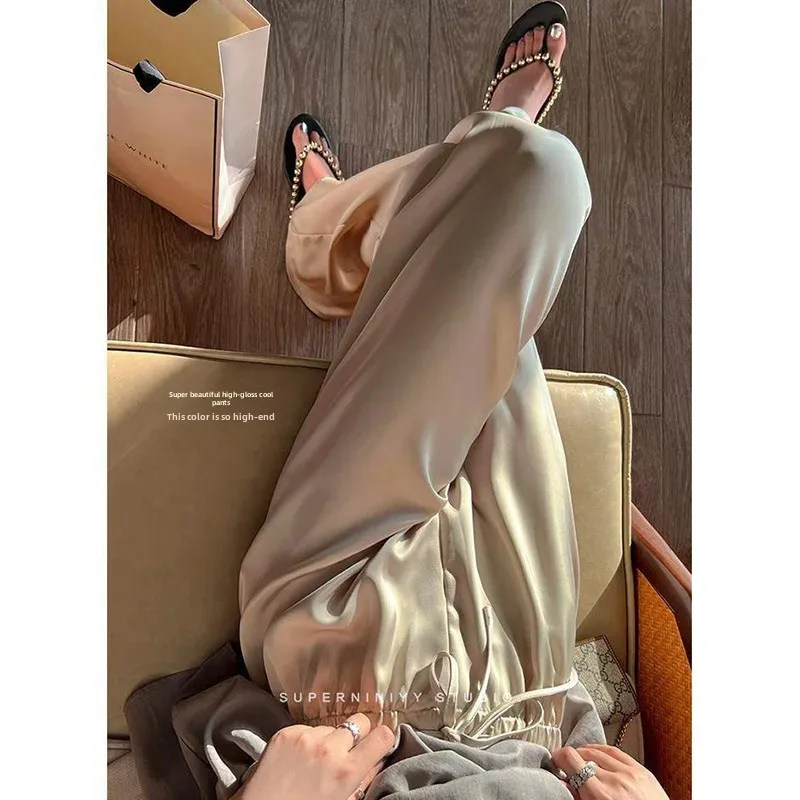 2024 Summer New Women's High-waisted Loose-fit Bell Bottoms Acid-treated Silk Slippers Slim-fit Casual Trousers