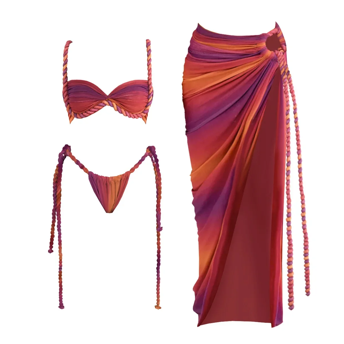 

New Crochet Bikini With Cover Up Sexy Women Swimsuit Female Swimwear Long Skirt Bandeau Biquini Bodysuit Swimming Suit Beachwear