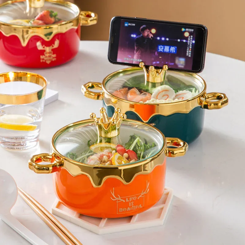 【Premium】Creative Ceramic Noodle Bowl Double Ear Salad Bowl 700ml Household Kitchen Ceramic Cutlery Fruit Snack Storage Bowl