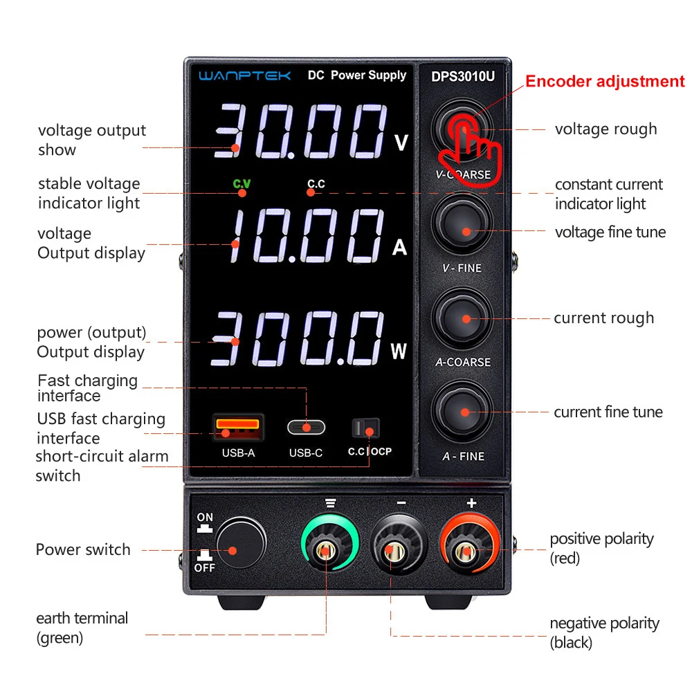 WANPTEK Adjustable DC Power Supply DPS3010U, 4 Digit Lab Bench Power Source, 30V 10A 5A AC Switching Stabilized LCD Regulator - Image 5