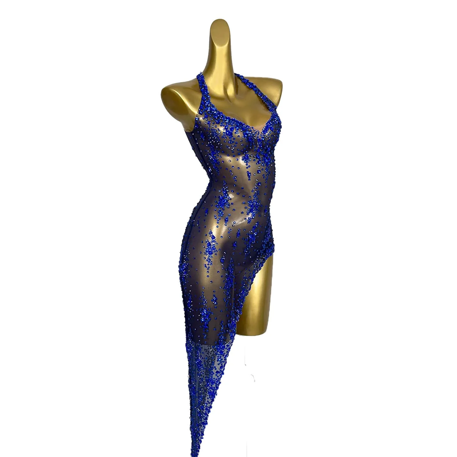

Summer Sparkly Blue Rhinestones Sexy Halter Backless Sheath Dress Celebrate Wedding Evening Party Gowns Birthday Dresses Xinghe