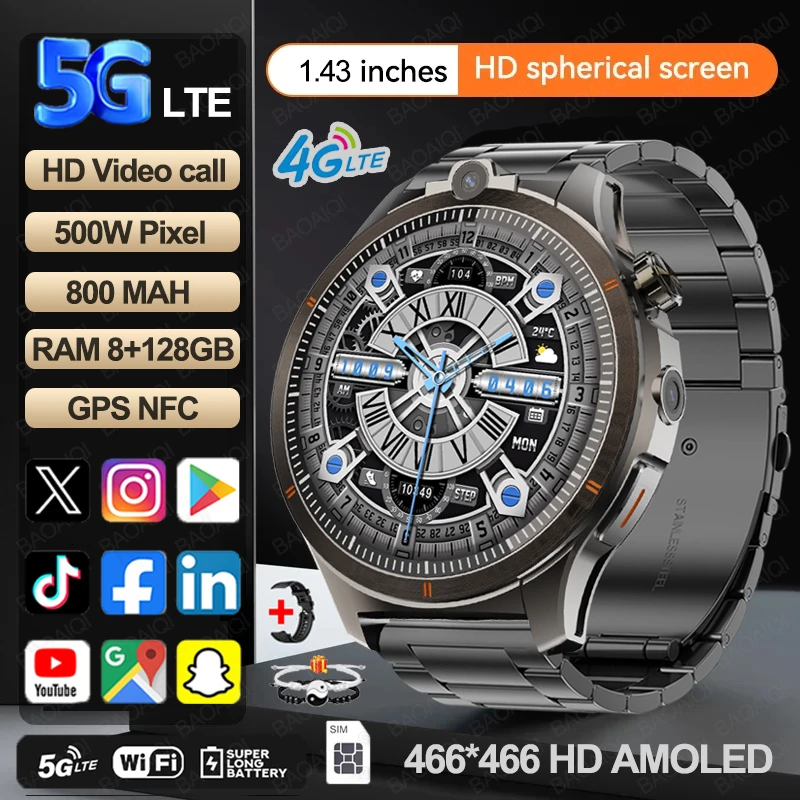 Reloj inteligente 5G/4G para hombre, 1,43 pulgadas, 466x466 AMOLED, 8GB + 128GB de RAM, batería de 800mah, cámara de 500W, GPS, WIFI, Google APPS, descarga