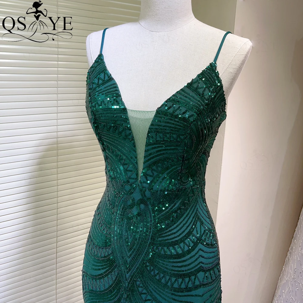 Spaghetti Straps V Neck Sequin Emerald Prom Dresses Full Mermaid Pattern LaceEvening Gown Party  Backless Fit Green Formal Dress