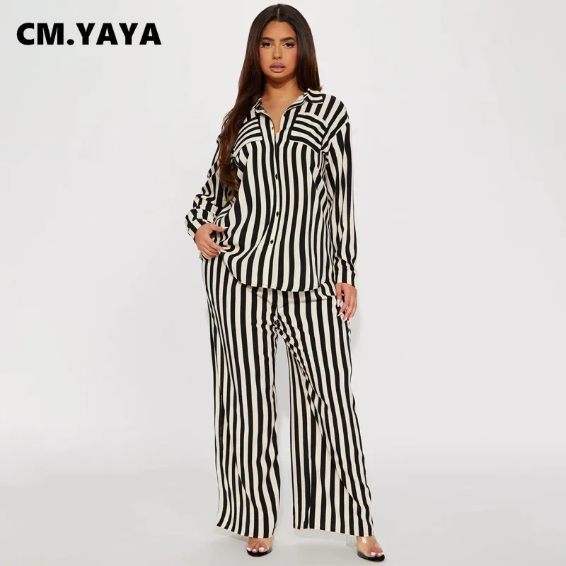 FANAN Striped Women\'s Set Long Sleeve Pocket Shirt and Straight Wide Leg Pants 2023 Fashion Two 2 Piece Sets Outfit Tracksuit