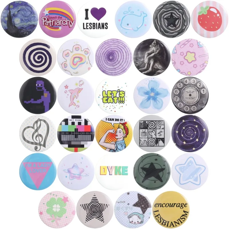 30styles Cartoon Tinplate Pins Retro Starry Night Strawberry Star Vortex Brooches Lapel Badge Lesbian Women Power Jewelry Gift