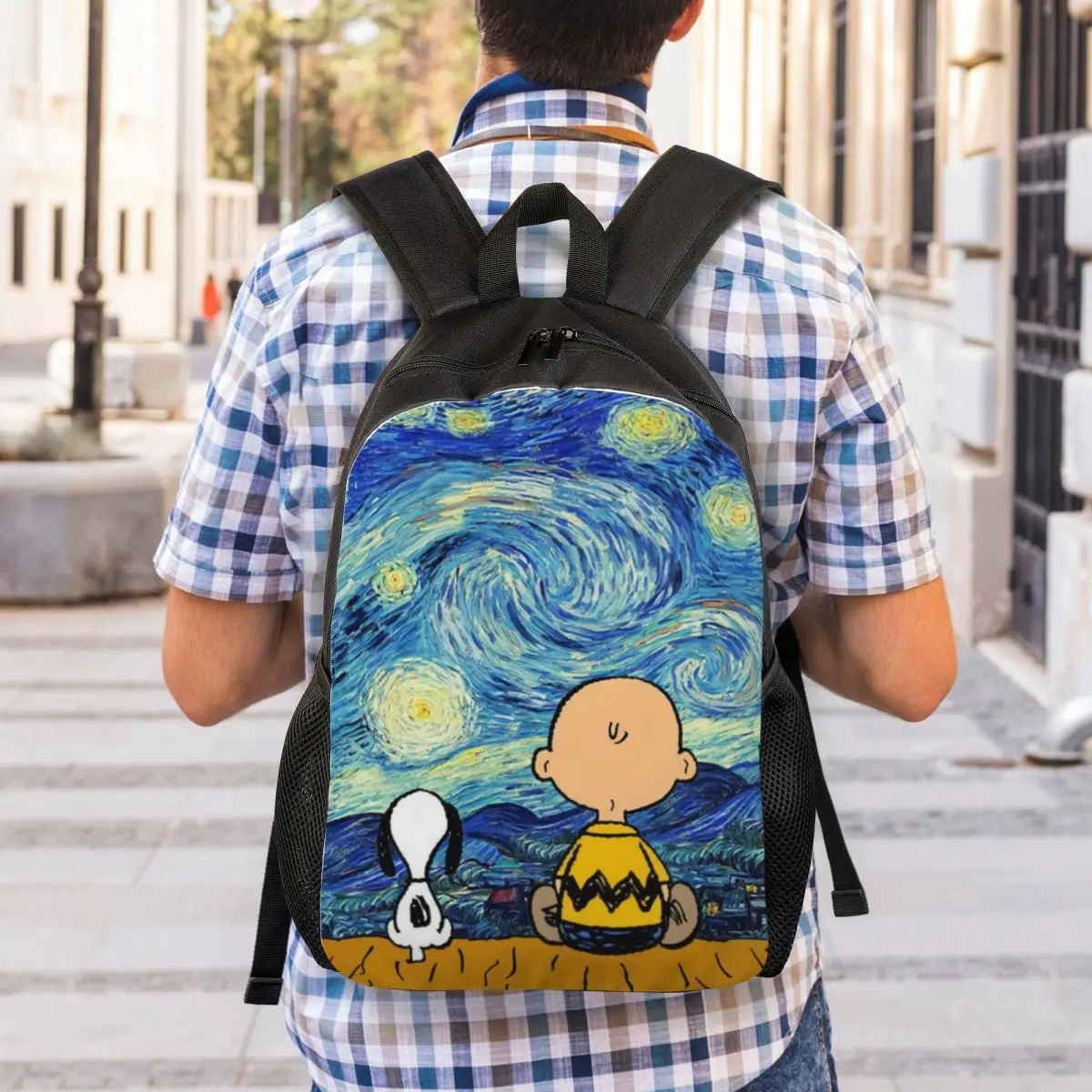 Custom Van Gogh Landscape Snoopy And Charlie Brown Laptop Backpack Women Casual Bookbag for School College Students Peanuts Bag