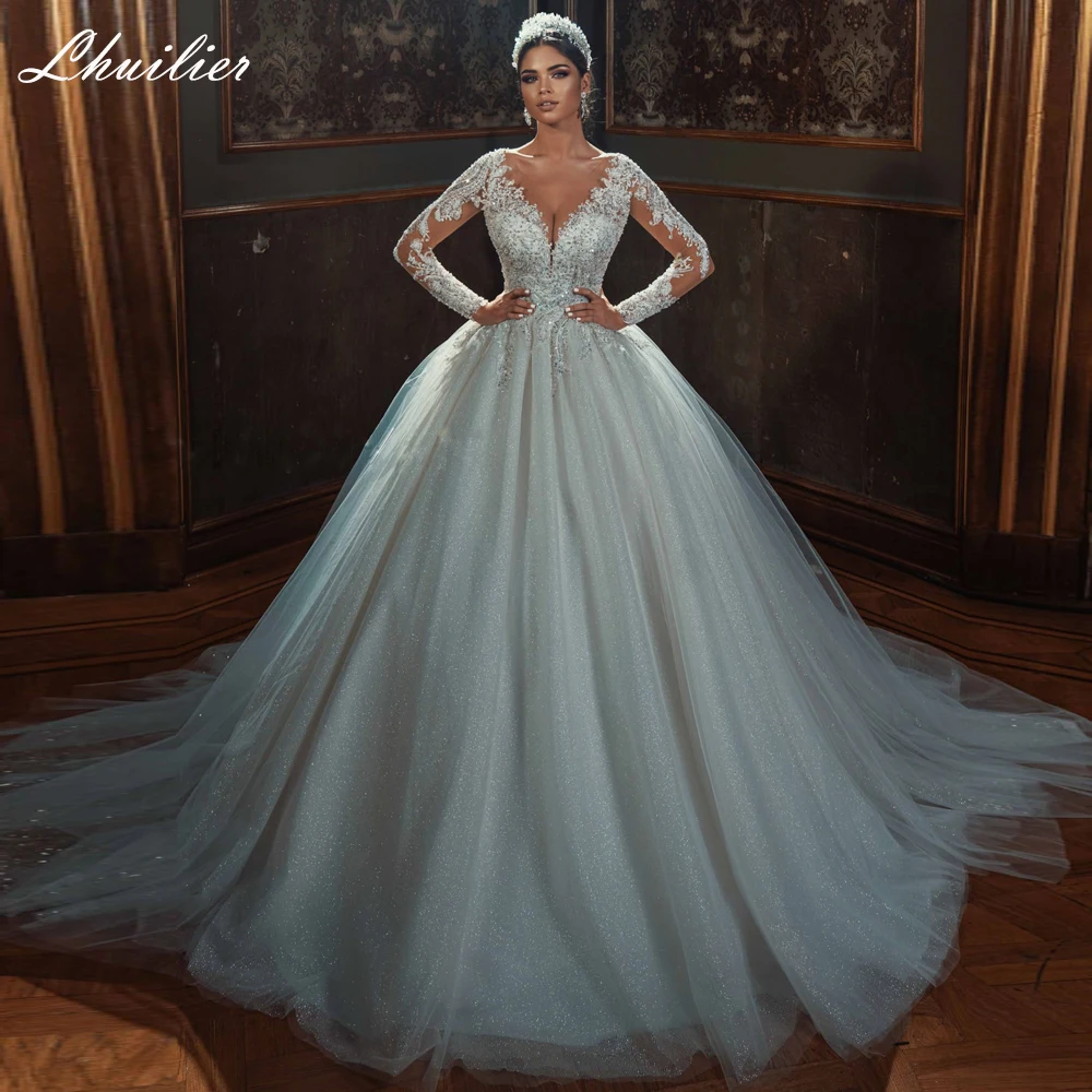 Lhuillier Scoop Neck A Line Shiny Tulle Wedding Dresses Full Sleeves Princess Beaded Bridal Dress with Chapel Train