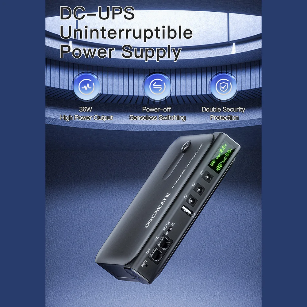 DC1036L Digital UPS for Router Replaceable Battery Overheat Protection 5V 9V 12V 24V LED Display Uninterruptible Power Supply