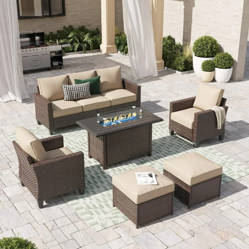 

Outdoor Patio Furniture Set with Fire Pit Table with 43in Propane Firepit Sectional Dining Set 3 Seat Sofa Couch with Ottoman