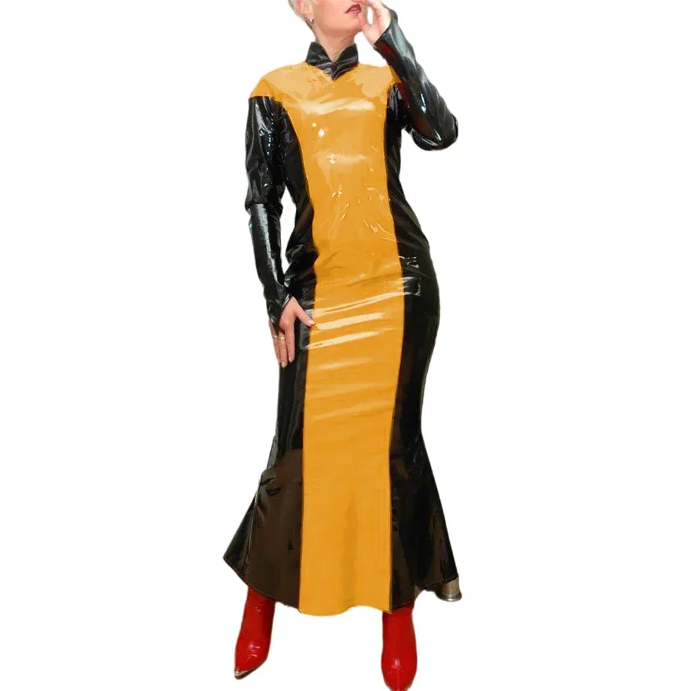 Sexy Patchwork Dress Shiny PVC Leather Women Elegant Mermaid Maxi Dress Party Gown Faux Latex Long Sleeve Dress Fetish Costume