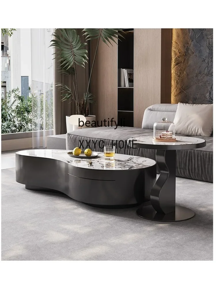 Italian-Style Light Luxury Special-Shaped Tea Table Combination Living Room Small Apartment Stainless Steel Stone PlateTea Table