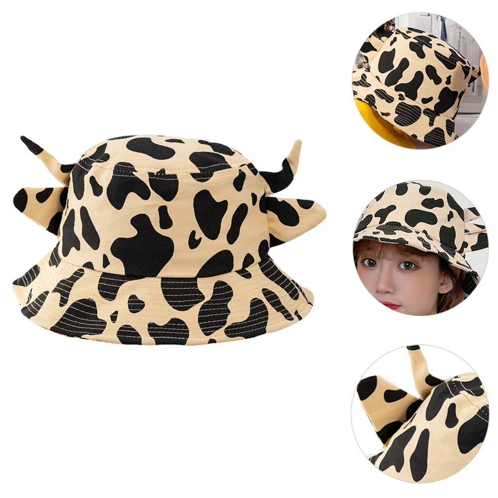 

1pc Cow Print Anti Uv Fisherman Hat Cotton Lightweight Beach Summer Anti-Uv Fisherman Cap Sun Hat For Women Men Horn Design