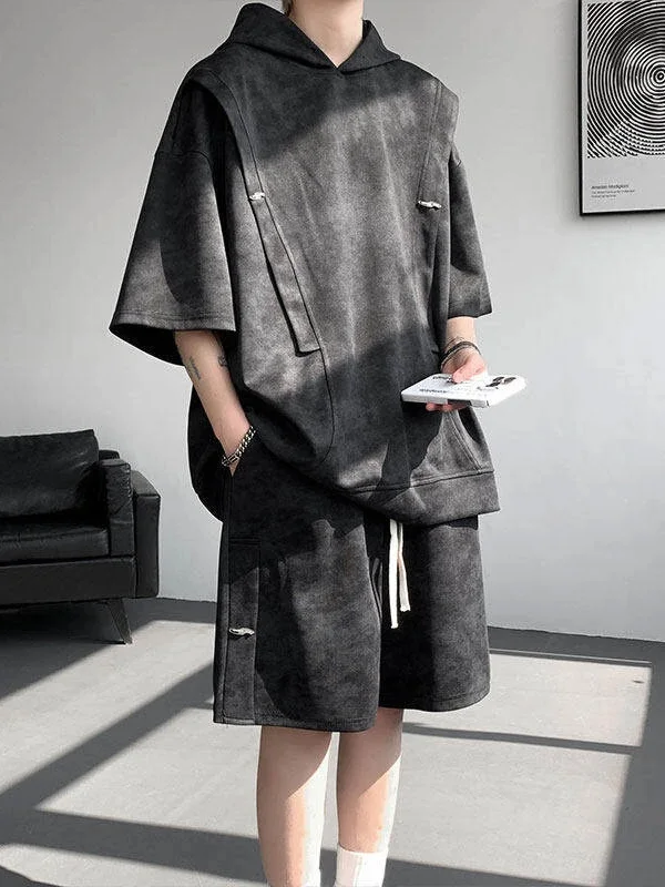 

Американский ретро-спортивный костюм с тай-дай принтом для мужчин: худи и шорты с деконструированным дизайном, летний комплект из двух предметов