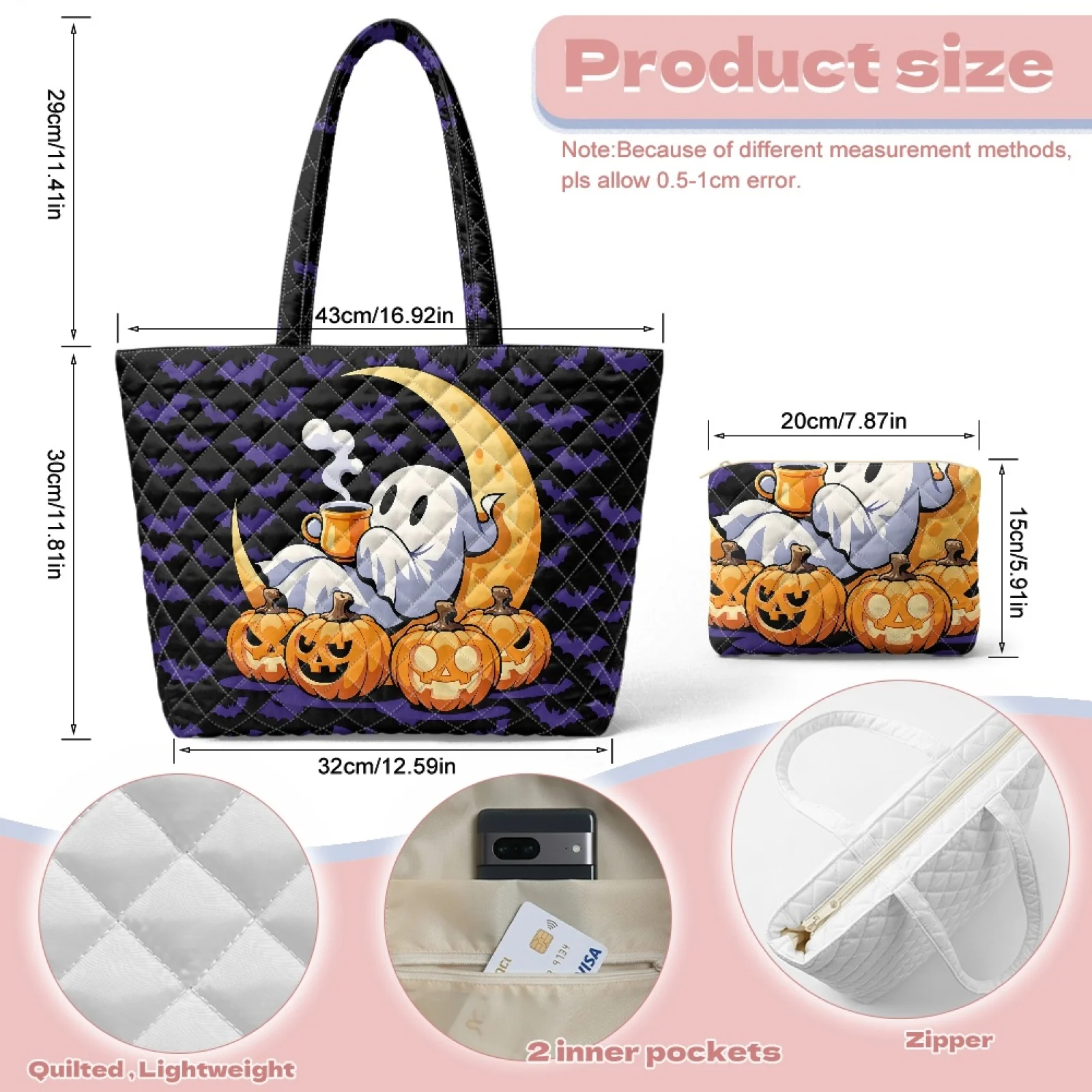 Coloranimal Halloween Set of 2 Quilted Shoulder Bag with Cosmetic Pouch, Lightweight Casual Bag for Work and Daily Excursions