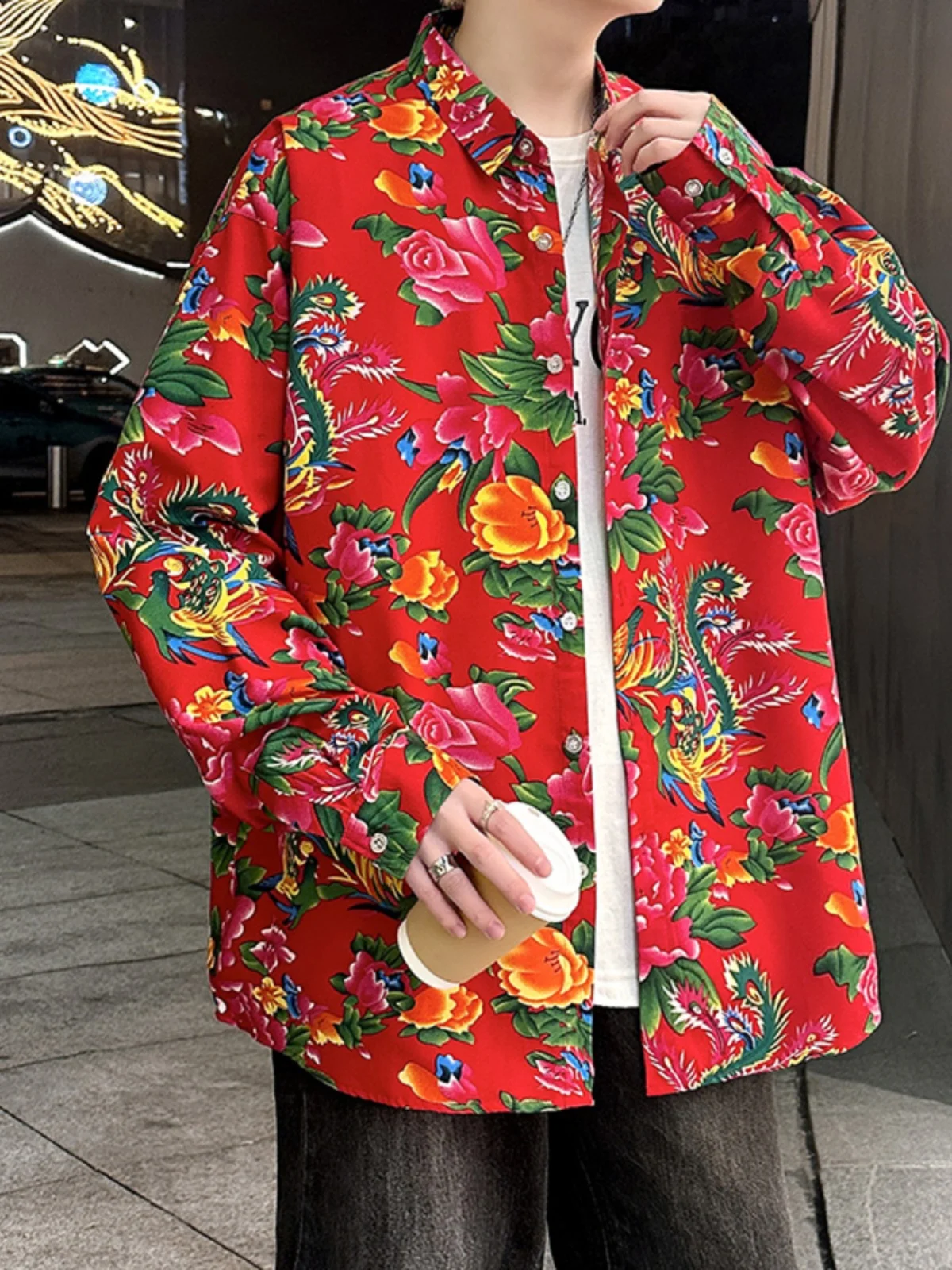 

Trendy Large Floral Long Sve Men's irt Casual Inner Wear Spring Autumn Hip Hop Sle Stand Fit Youth ular Wear