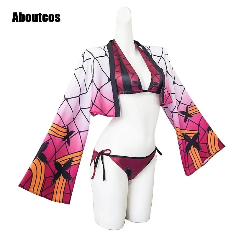 Anime Swimsuit Anime Demon Slayer Bikini Set Tattoo Stickers Sexy Pink Swimwear Kimetsu No Yaiba Cosplay Costume Upper Rank Six