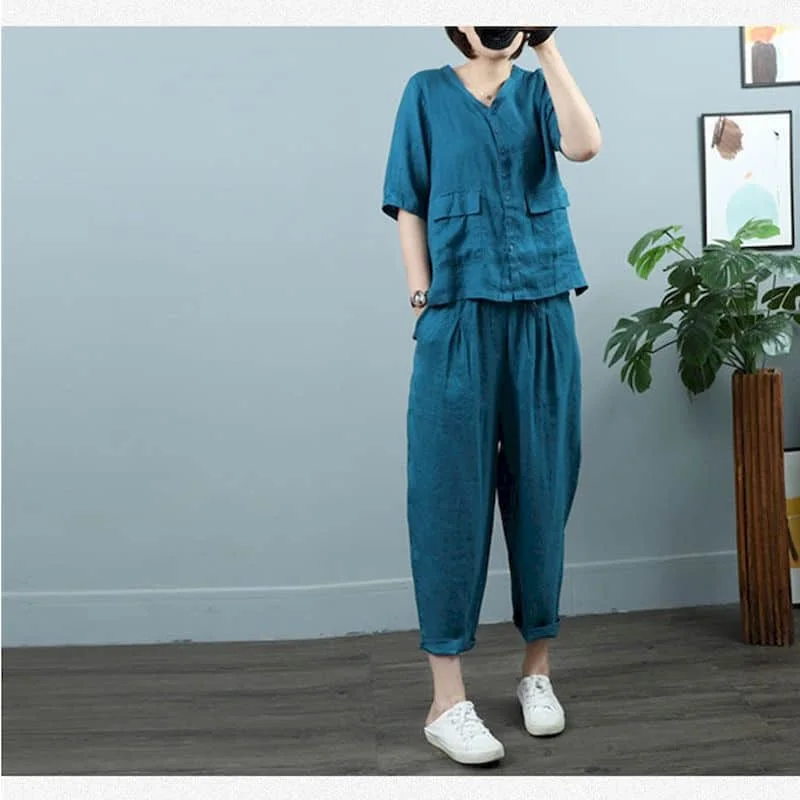 

Literature Pants Sets Vintage Half Sleeve Loose Solid Shirts and Casual Harem Pants Korean Style Two Piece Sets Women Outfits