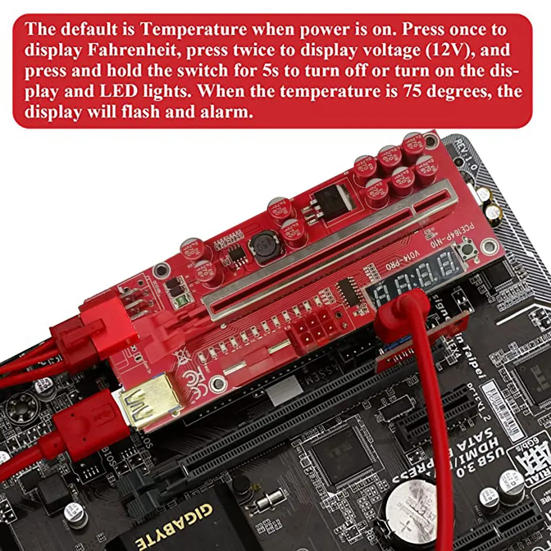 1 Pack V014 PRO PCI-E 1X to 16X Graphics Riser Card with 10 Solid Capacitors/Temperature Probe/LED Light for BTC Mining