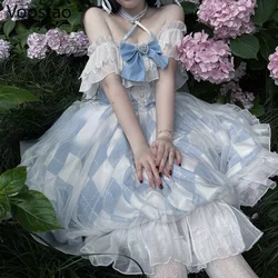 Japanese Sweet Lolita Princess Dress Women Vintage Elegant Bow Lace Off Shoulder Plaid Party Dresses Girly Kawaii Wedding Dress